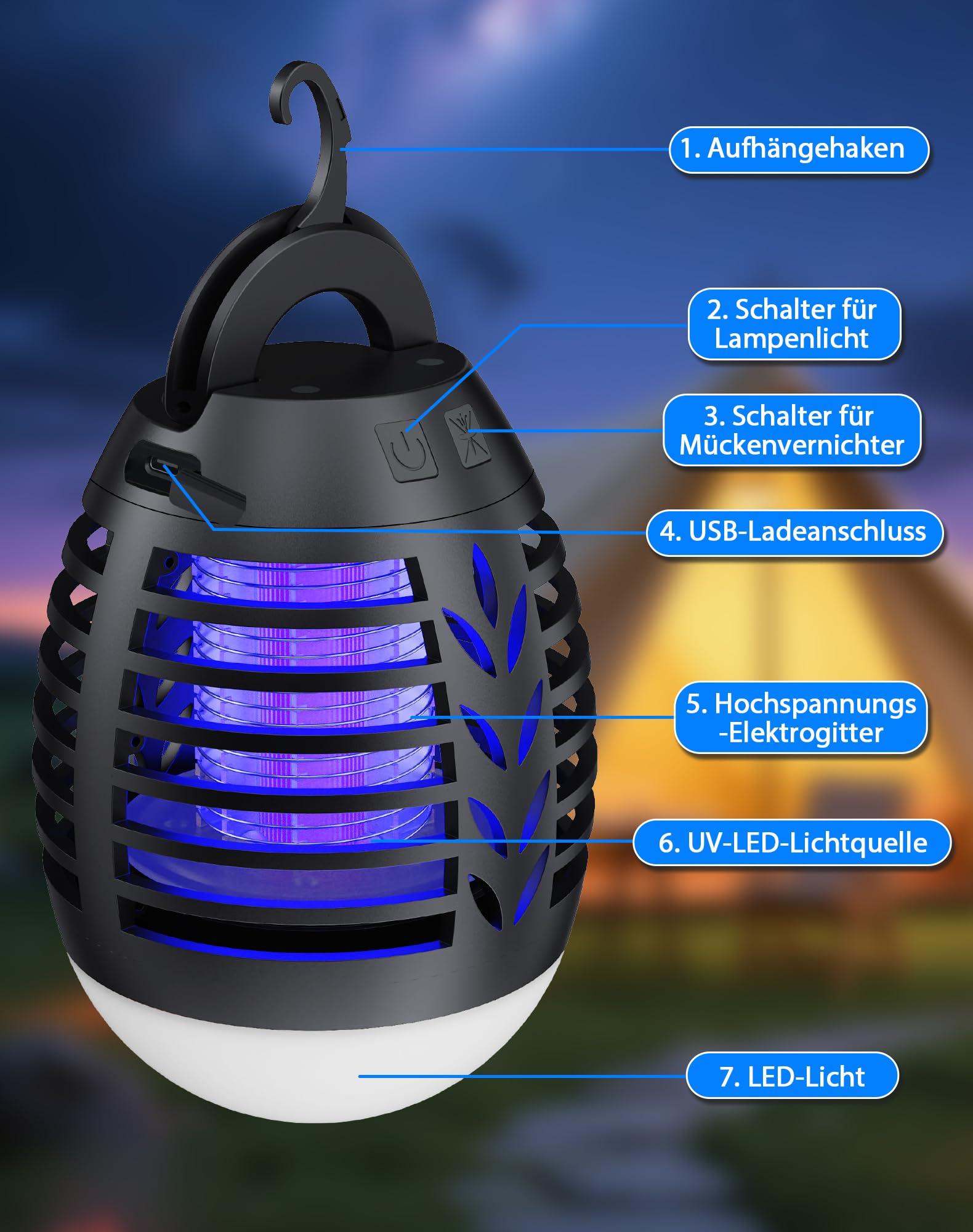 ROVLAK Insektenvernichter Campinglampe Outdoor, LED Mückenlampe USB Wiederaufladbar 2-In-1 Moskitokiller Lampe mit LED Licht, 3 Beleuchtungsmodi, Wasserdicht UV Mückenschutz für Camping, Zelt, Garten 7