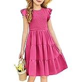 Arshiner Girls Summer Flutter Short Sleeve Sundress Smocked Elastic Waist Tiered Midi Dress with Pockets