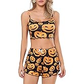 Tenopuli Women Halloween Pajama Shorts Set Cute Pumpkin Ghost Print Lettuce Trim Cami Top and Shorts 2 Piece Lounge Set