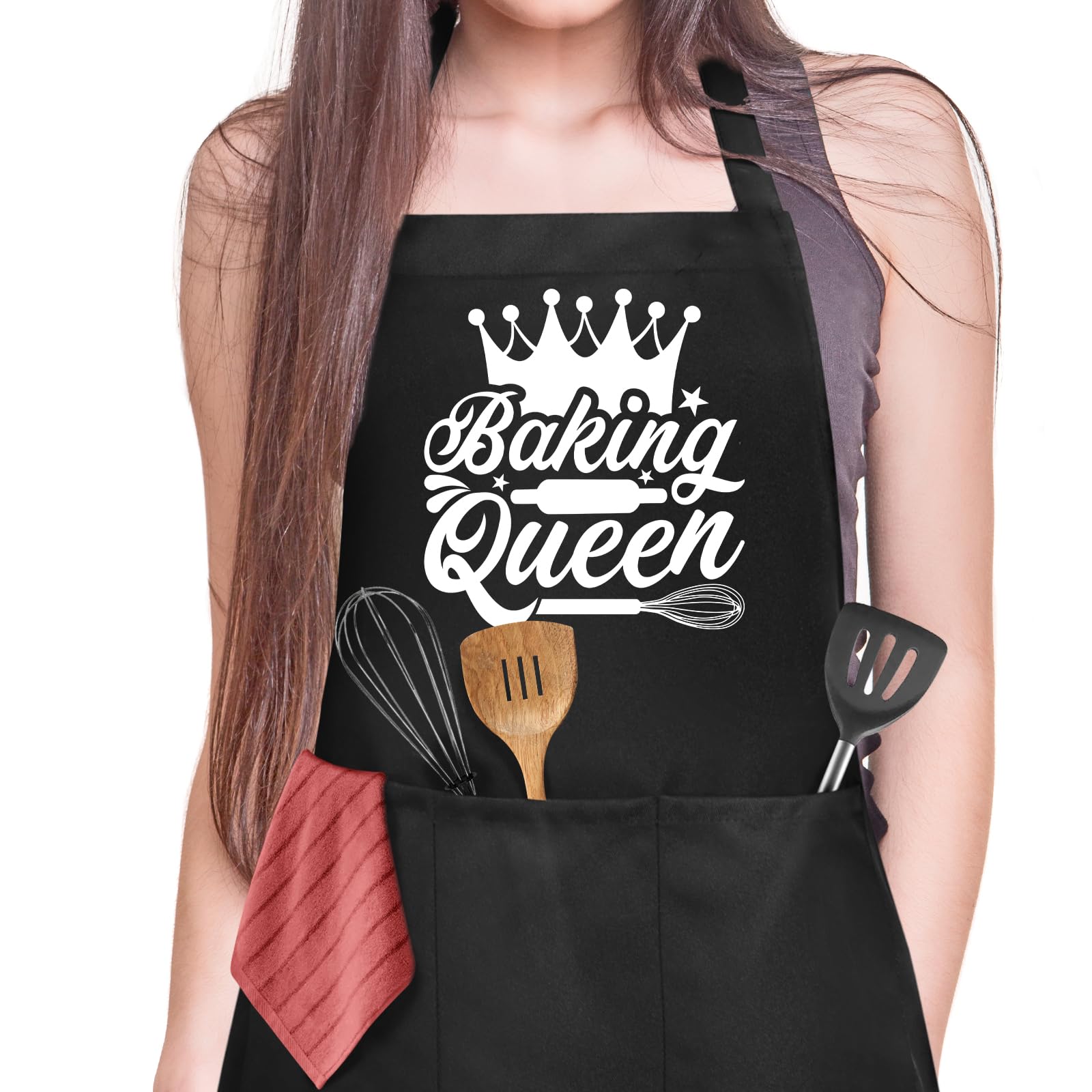 Jiusely Funny Baking Apron for Women, Baking Queen Cooking Apron with 3 Pockets, Unisex Waterproof Kitchen Apron for Baker,
