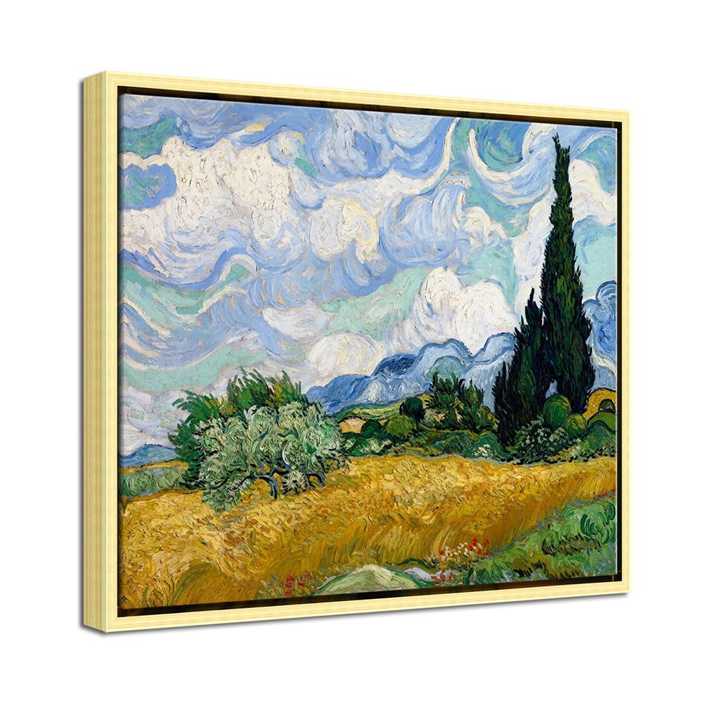 Wieco Art Golden Framed Wall Art Canvas Prints of Wheat Field with Cypresses by Van Gogh Paintings Reproduction Abstract Artwork for Wall Decor
