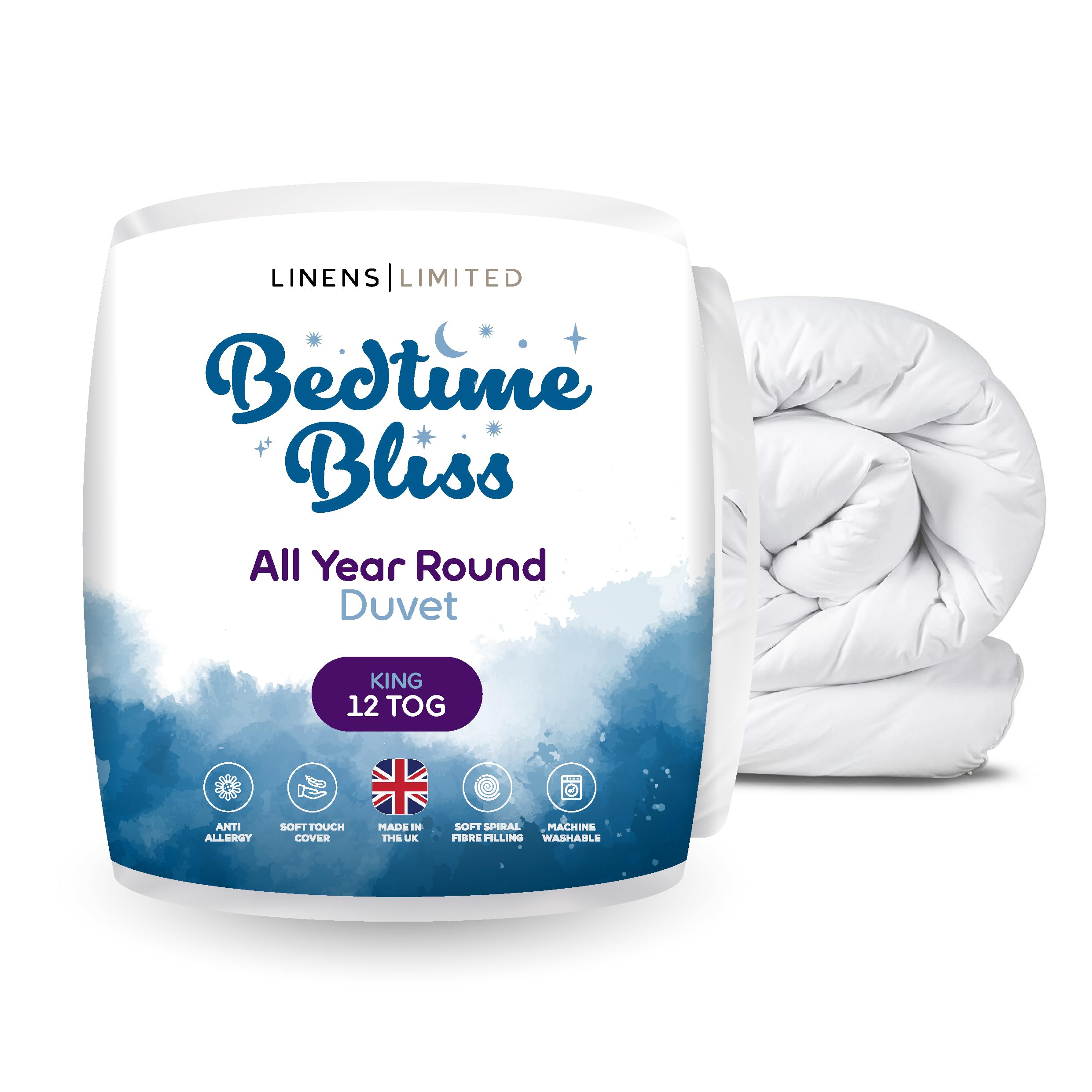 Linens Limited - King Size Duvet 12 Tog, Made in the UK, Bedtime Bliss, All Year Round Quilt, Soft and Comfy, Hollowfibre, Machine Washable (White)