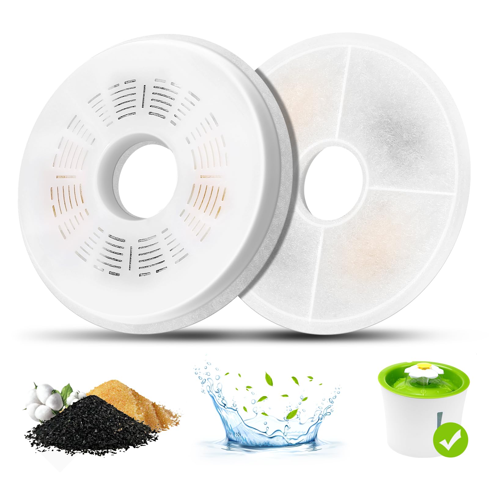 Cat Water Fountain Filters, 2 Pack Triple Action Water Fountain Filters, Replacement Cat Drinking Fountain Filters, Activated Carbon Filter Compatible with 3L Flower Pet Water Dispenser Fountain