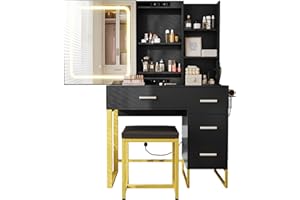 LED Makeup Vanity Desk with Lighted Mirror & Power Outlets, 4 Drawers, Storage Shelves & Cushioned Stool, Modern Dressing Tab