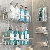 Youvip Adhesive Shower Caddy, No Drilling Bath Organizers 5 Pack, Rustproof Shelves with Soap Holder & Toothbrush Holder, Bathroom Organizers and Storage, Silver