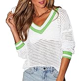 Aoudery Womens Varsity V Neck Long Sleeve Tennis Sweater Casual Crochet Hollow Out Knit Tops Pullover Shirts Beach Coverup