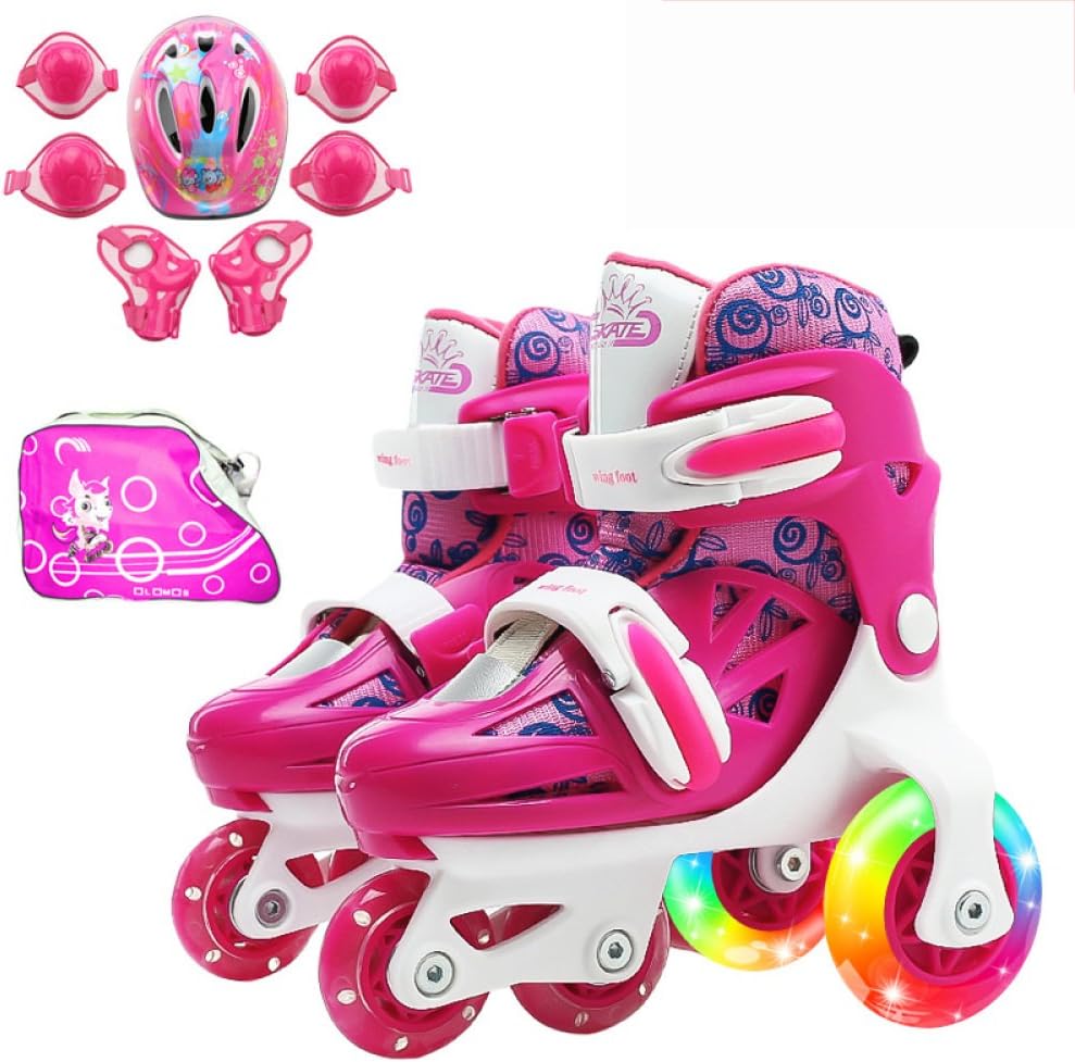 DSFGHE Inline Skates Can Be Adjusted For Children Beginners Men And Women Flashing Skates Set 2-6 Years Old,Rose-S