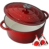 Enameled Cast Iron Dutch Oven - 6QT Pot with Lid & Cotton Potholders - Heavy-Duty Cookware for Braising, Stews, Roasting, Bread Baking, Oven Safe up to 500°F & Suitable for All Cooktops, Cherry Red