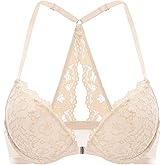 DOBREVA Women's Push Up Bra Racerback Front Closure Bras Lace Padded Underwire Plunge Floral