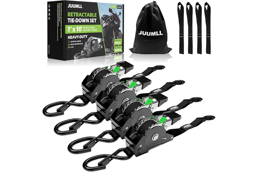 Retractable Ratchet Straps Heavy Duty Tie Down Straps (4-Pack) -1" x 10' | Auto Self Retracting Tie Down Straps(1,650lb Break Strength) for Motorcycle, Truck, Cargo Trailer, ATV, UTV - Black