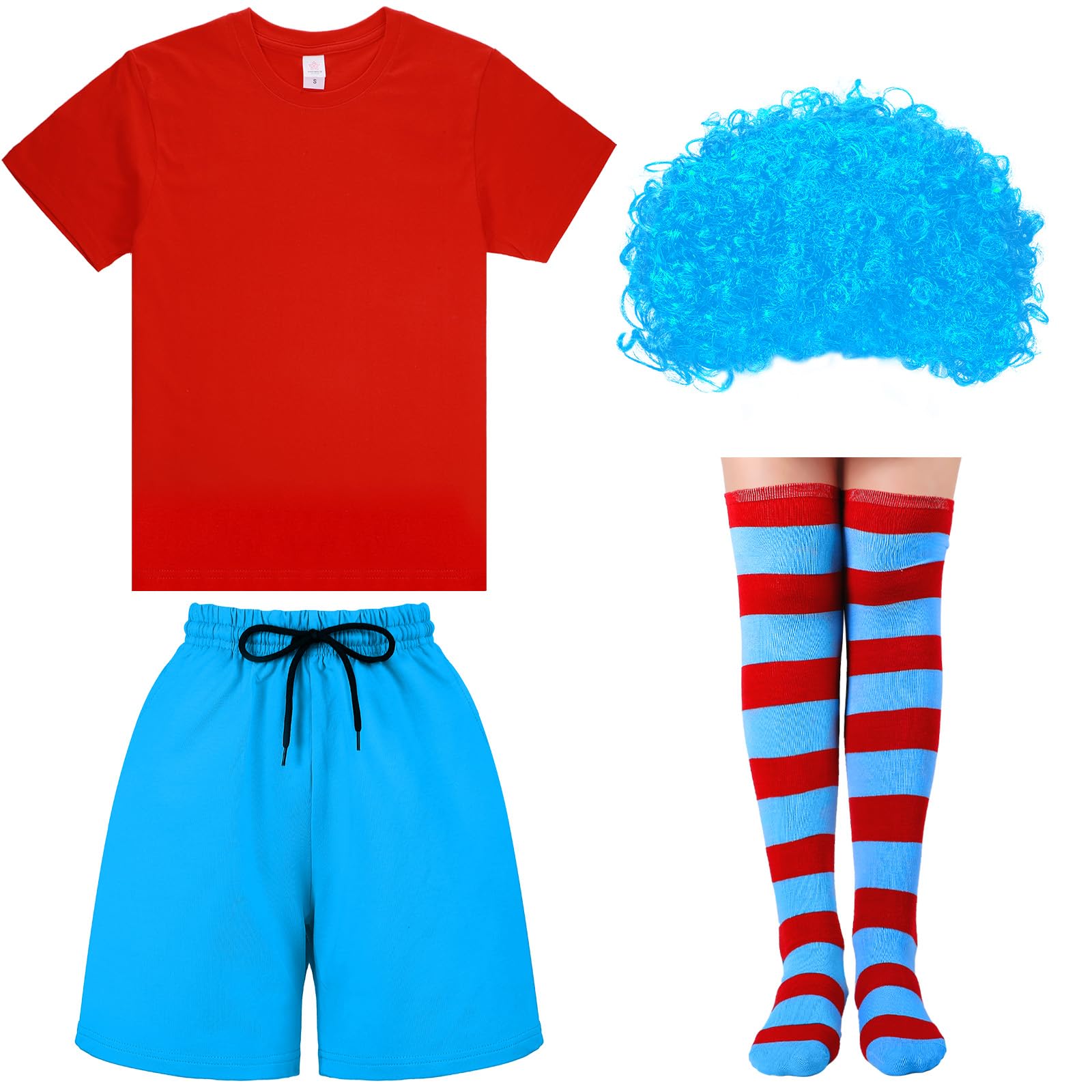 Photo 1 of Maiteenly 4 Pcs Boys Red and Blue Costume Set, Red T shirt, Lake Blue Pants, Wig, Striped Stocking for Party Cosplay(Classic Color,140 cm)