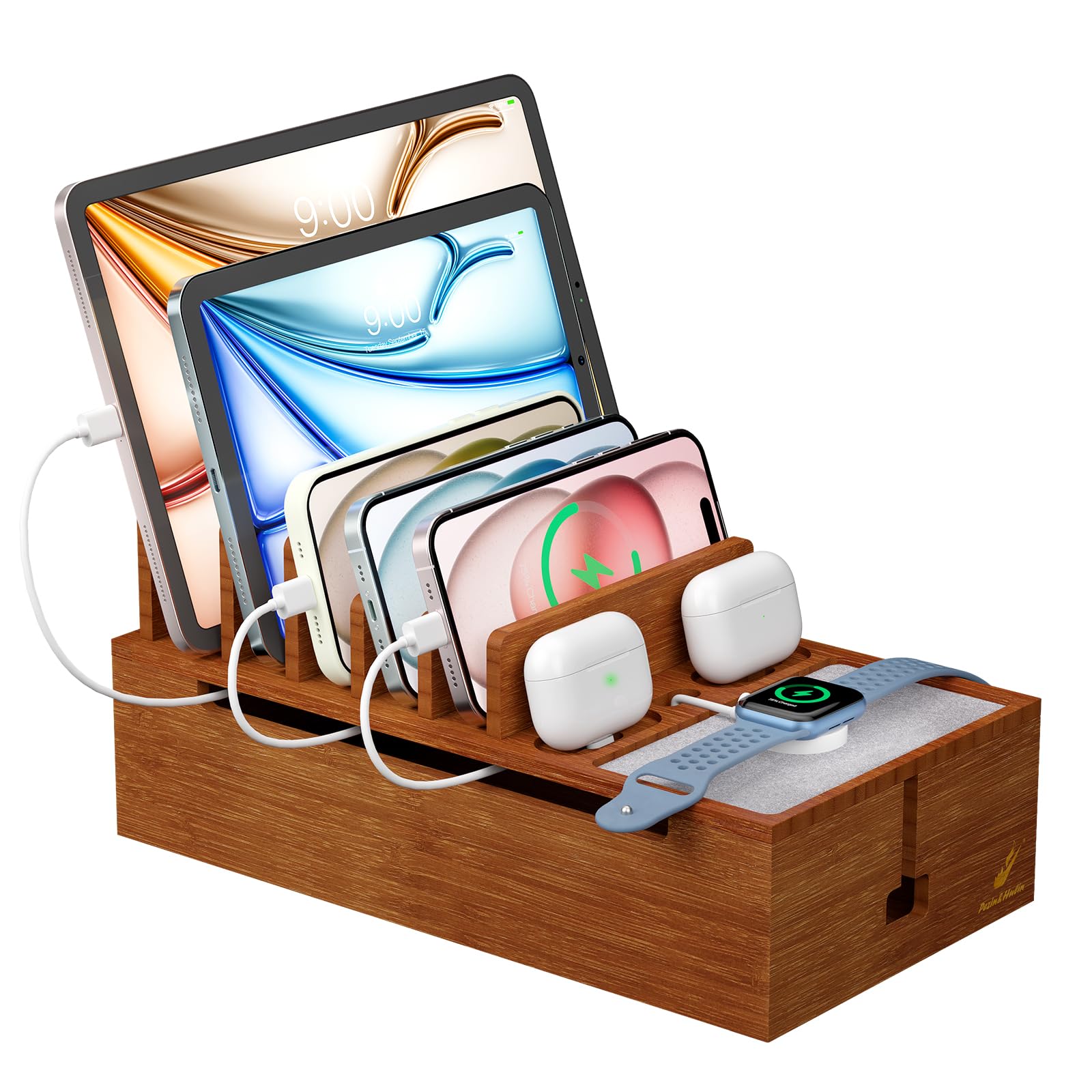 Pezin & Hulin Bamboo Charging Stand Rack, Wooden Charge Box for Mobile Phones, Tablets, Smart Watch and Earbuds, Wire Cable Organizer Box, Bedside Dock Stand Holder (NO Power Adapter Supply) -Brown