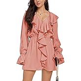 Neresum 2026 Dresses for Women V Neck Puff Fall Long Sleeve High Waist Ruffle Casual A-Line Swing Mini Dress