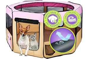 Zampa Puppy Pop Up Portable Playpen for Dog and Cat, Foldable | Indoor/Outdoor Kitten Pen & Travel Pet Carrier + Carrying Case (Pink, Extra Small (29"x29"x17"))
