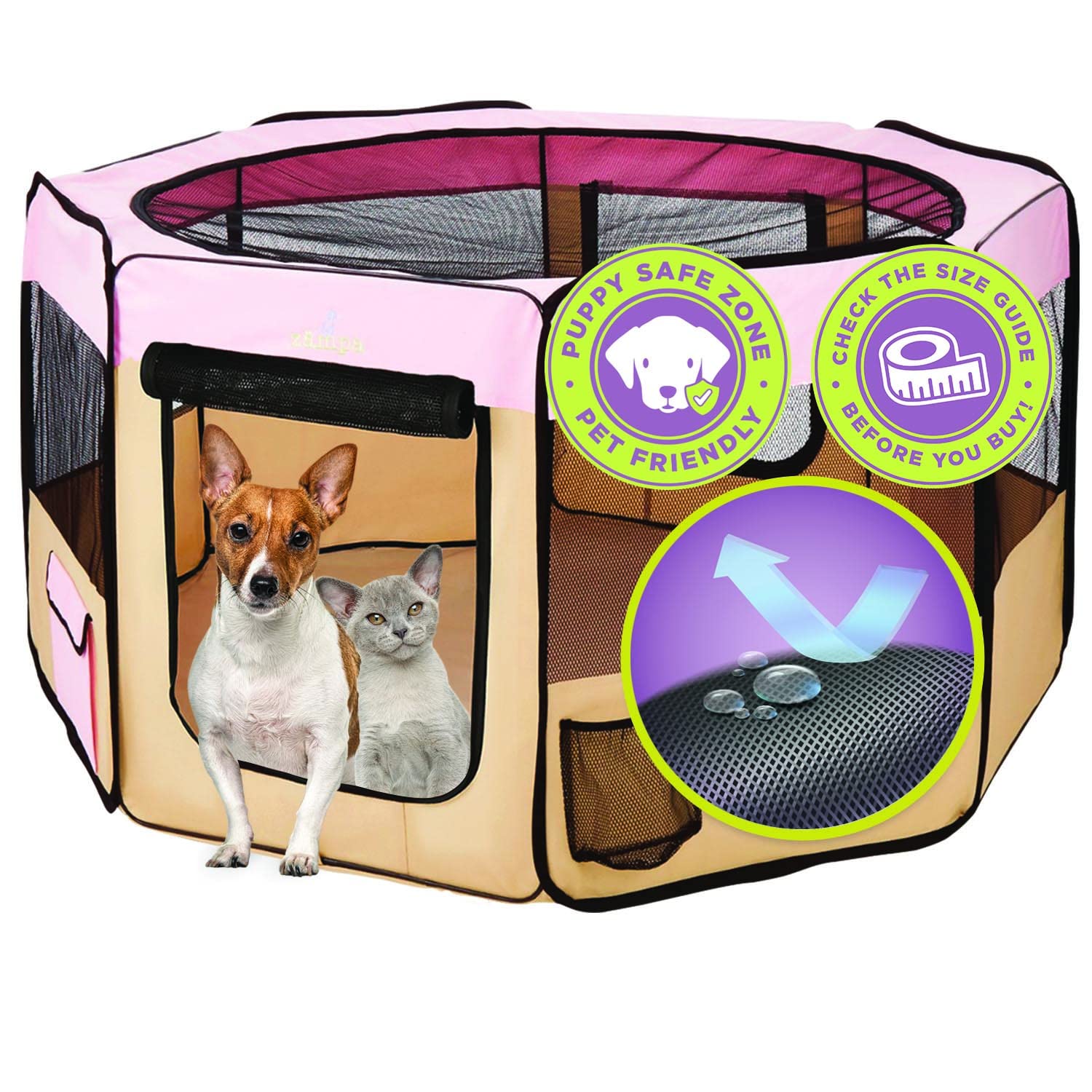 Zampa Puppy Pop Up Small 36"x36"x24" Portable Playpen for Dog and Cat, Foldable | Indoor/Outdoor Kitten Pen & Travel Pet Carrier + Carrying Case | (90 * 90 * 60 CM)