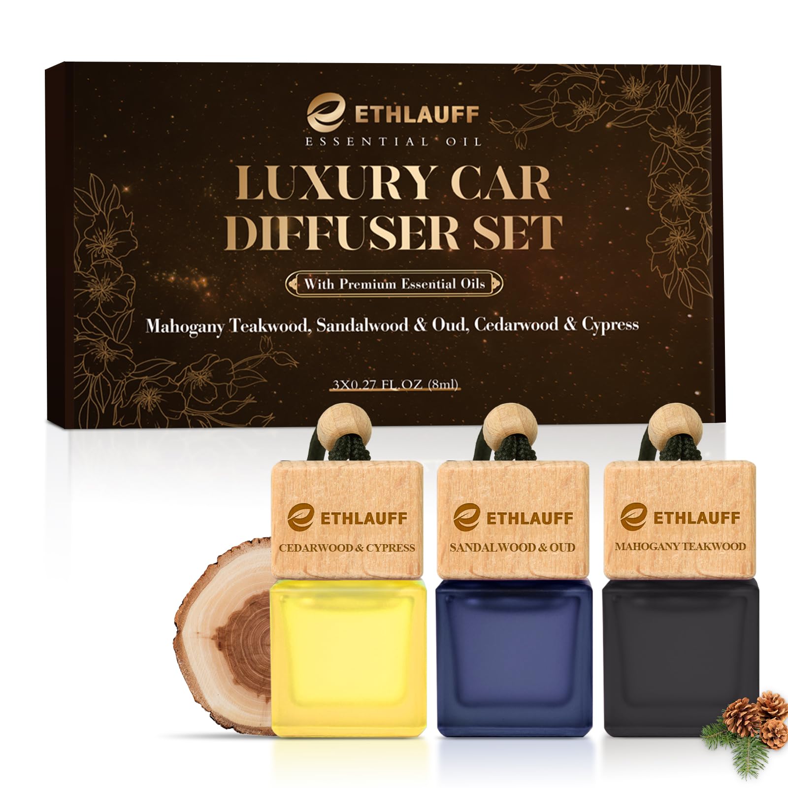 Photo 1 of ***ONLY ONE***Car Air Freshener Hanging, 3 Pcs Mahogany Teakwood, Sandalwood & Oud, Cedarwood & Cypress, Wooden Scent Air Fresheners Diffuser for Car, 45+ days Long Lasting Fragrance, 0.27 FL OZ/8ML