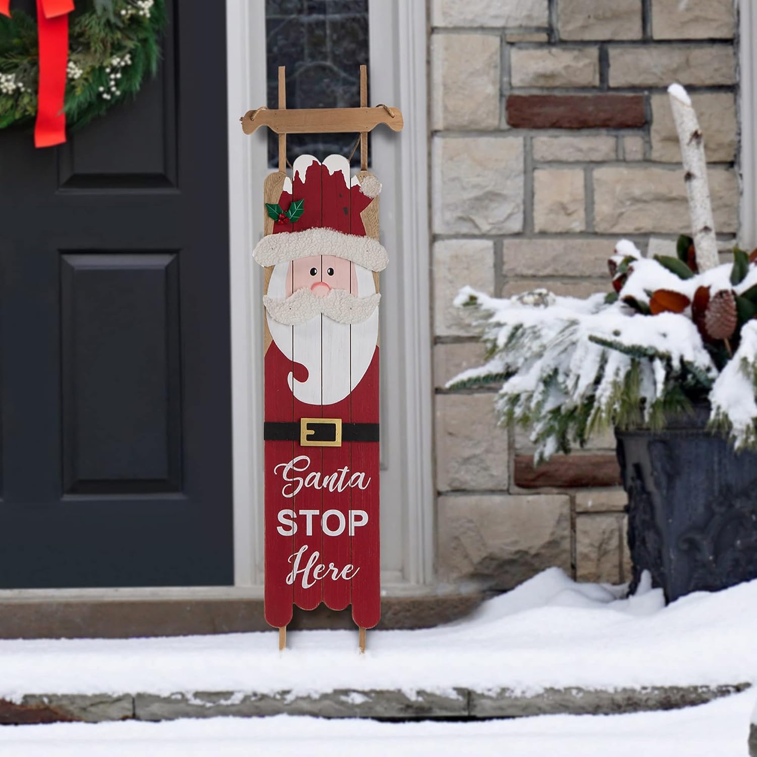 Nutcrackers - Glitzhome Wooden Welcome Sign for Front Door Farmhouse Sleigh Santa Porch Sign Christmas Wall Hanging Sign Primitive Porch Sign for Christmas Festivals, 42”H