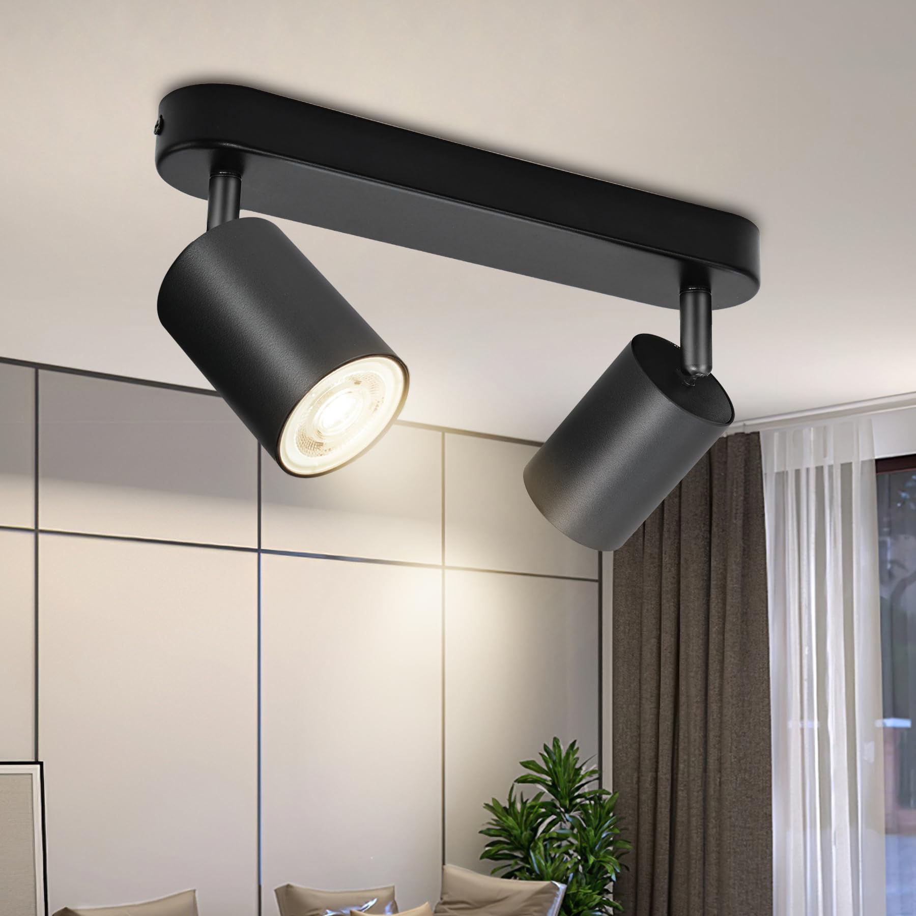 BOYIR GU10 Ceiling Spotlight 2 Spots Black Adjustable Modern Interior Ceiling Light for Kitchen, Bedroom, Living Room, Hallway, Bulb Not Included