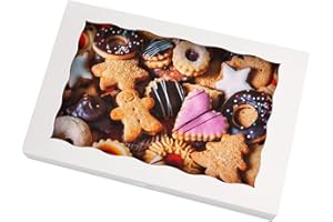 White Pastry Bakery Box 14x10x3inch,Large Donuts,Muffins,Cookies Boxes with PVC Window - Auto-Pop up Paper Box Nature Cardboa