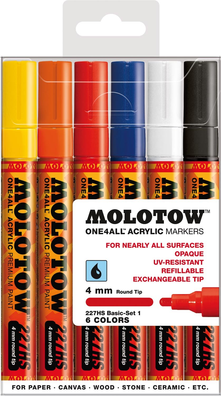 Molotow One4All 227HS Acrylic Pens, High Opacity and Permanent, UV-Resistant for Almost All Surfaces Case Basic Set 1 6 Pieces Multicoloured