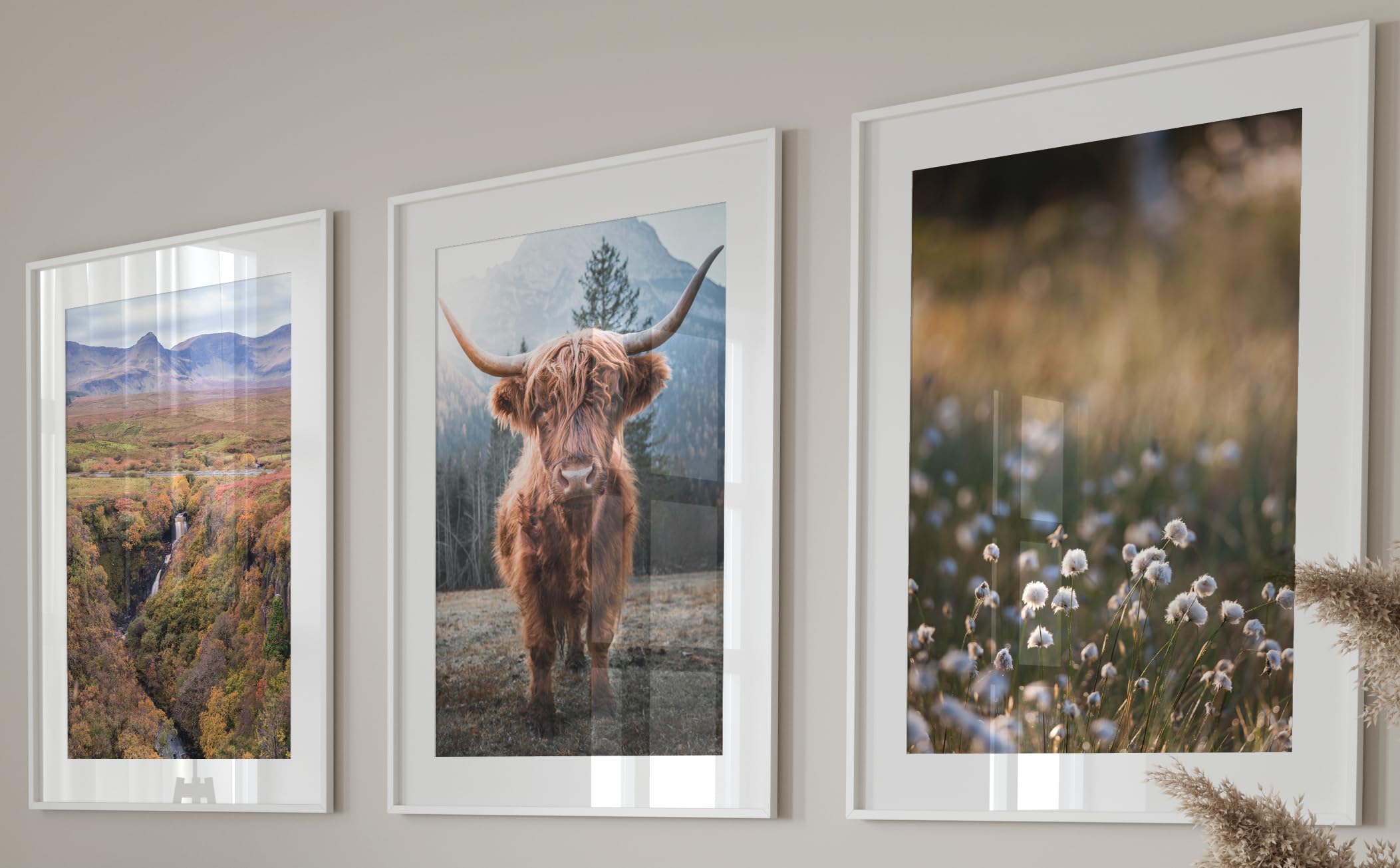 Eviepops Prints Highland Cow Set of 3 Unframed Wall Prints, Scottish Natural Landscape, Living Room Bedroom Home Décor, Waterfall, Horned Cow, Cottongrass, Mountains, Scotland, Trees (A3) — image 1