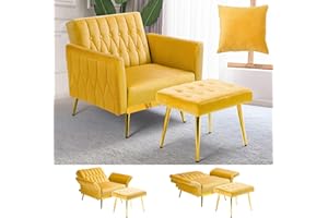 ACMEASE Velvet Accent Chair w/Adjustable Armrests and Backrest, Button Tufted Lounge Chair, Single Recliner Armchair with Ottoman and Pillow for Living Room, Bedroom,Yellow