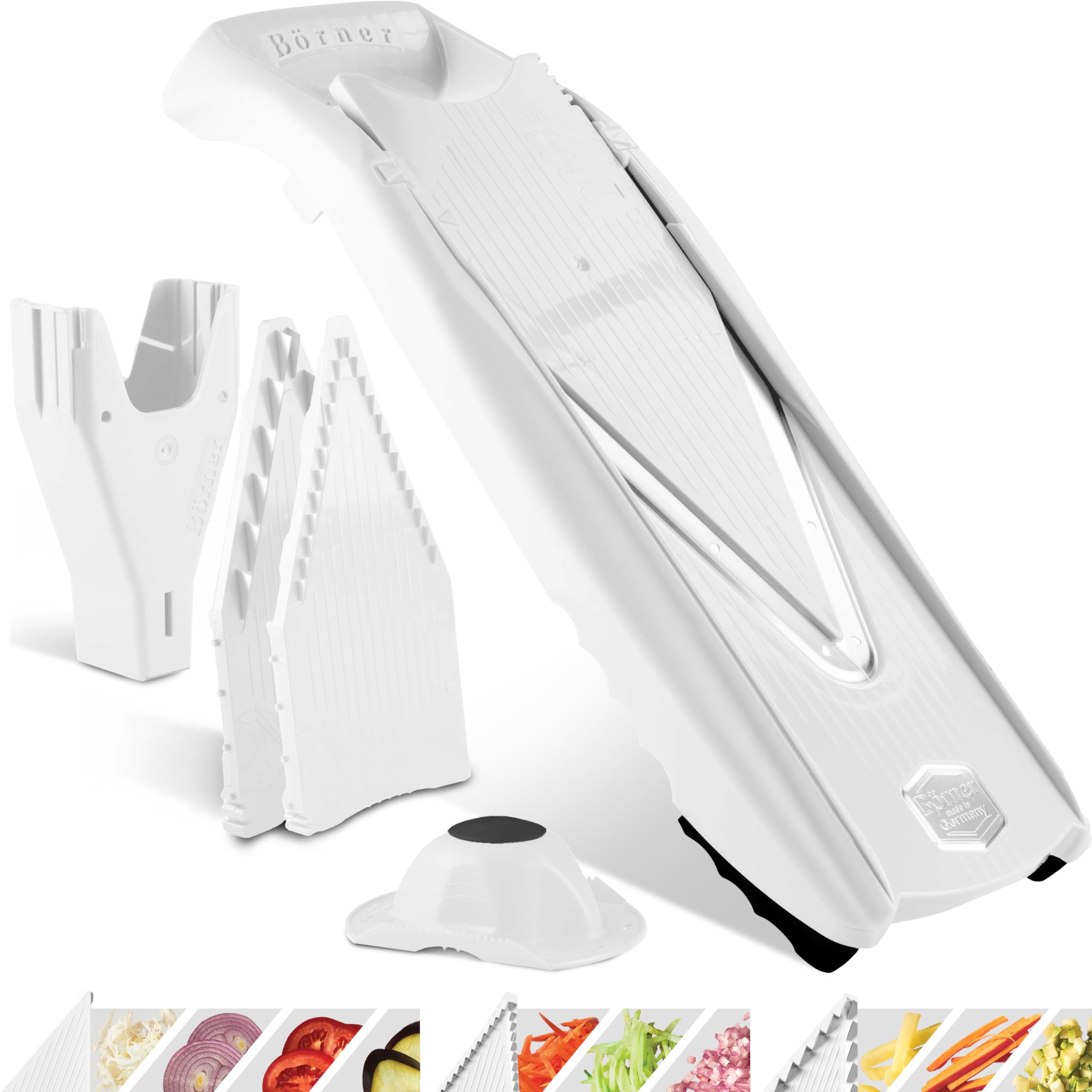 Börner Mandolin V5Powerline Starter Set - Professional Vegetable & Fruit Slicer in Fine Slices + Safety Pusher - White