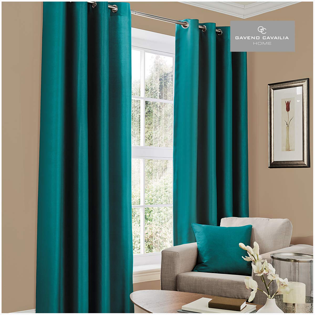 GC GAVENO CAVAILIA Faux Silk (Eyelet) Curtains, Teal, 90"x90" (229x229 cm)