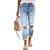 KUNMI Women's Ripped Mid Waisted Boyfriend Jeans Loose Fit Distressed Stretchy Denim Pants
