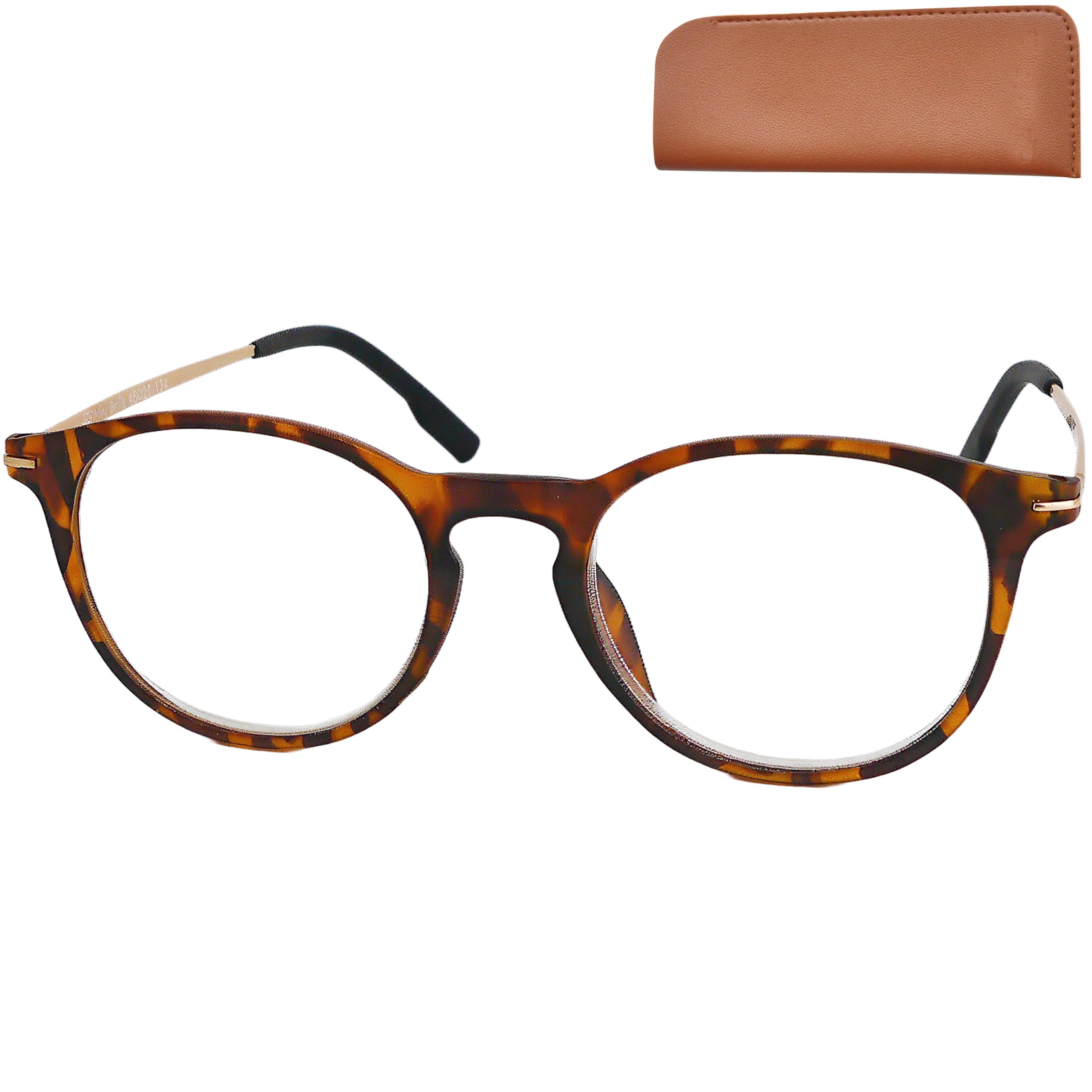 Mini Brille - Nerd Reading Glasses with Large Round Lenses, FREE Pouch, Plastic Frame with Metal Temples (Tortoiseshell brown), Men and Women Reading Glasses + 1.00 Magnification
