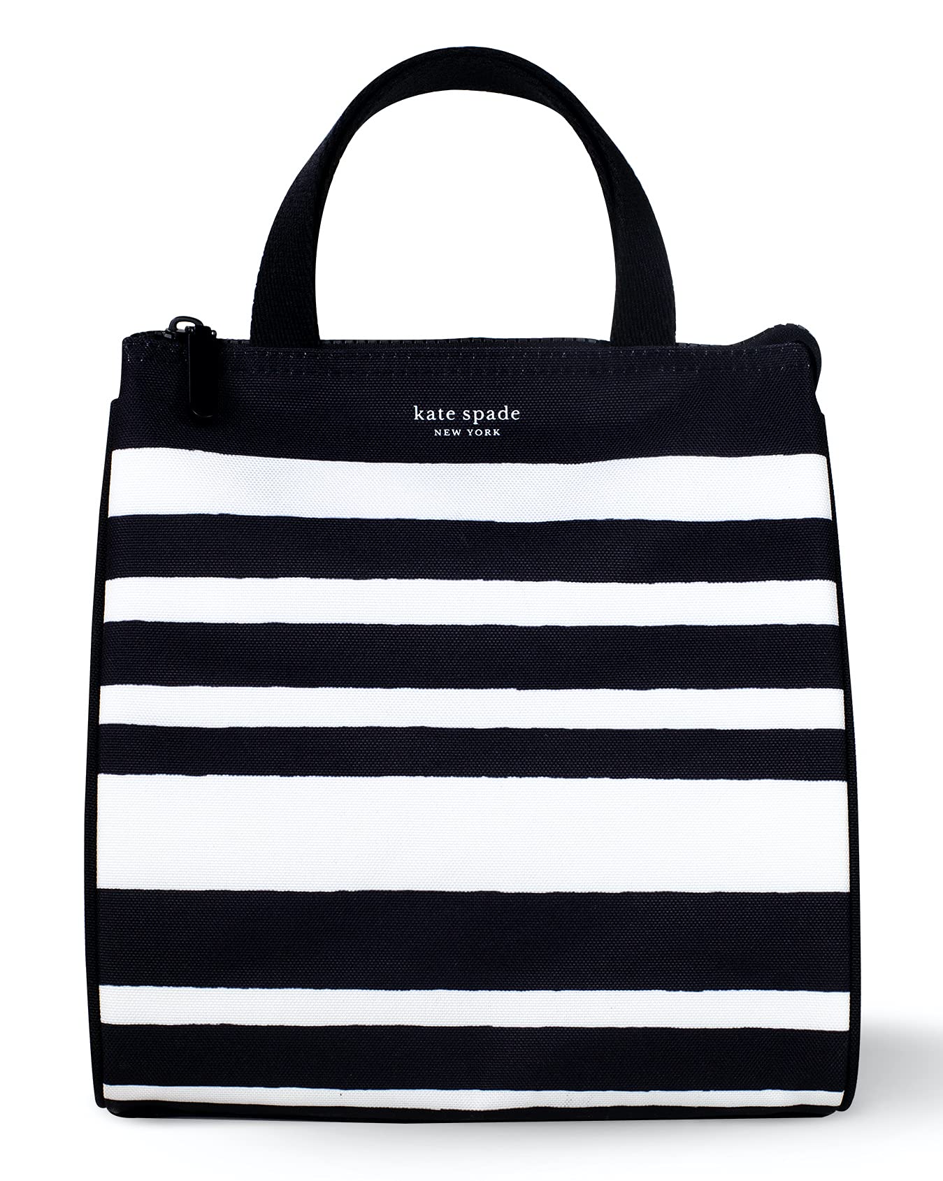 kate spade new york Black Portable Soft Cooler Lunch Bag, Thermal Tote with Silver Insulated Interior Lining and Storage Pocket, Sarah Stripe