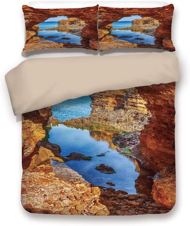 Khaki 6pc Bedding Set,Cavern Rocks by the Pacific Waters with Stunning Australian Sea and Sky Landscape Road King Duvet Cover Set,Printed Comforter Cover With 2 Pillowcases for Teens Boys Girls & Adul