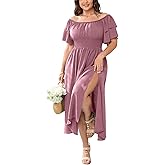 Plus Size Maxi Dress Off The Shoulder Ruffle Smocked Wedding Guest Cocktail Slit Hem Flowy Dresses for Curvy Women