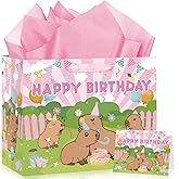 TagreSpike Capybara Birthday Gift Bag with Tissue Paper and Greeting Card Cute Capybara Party Favors Bag Pink Wrapping Paper Capybara Party Decoration for Kids Boys Girls Birthday Party Supplies
