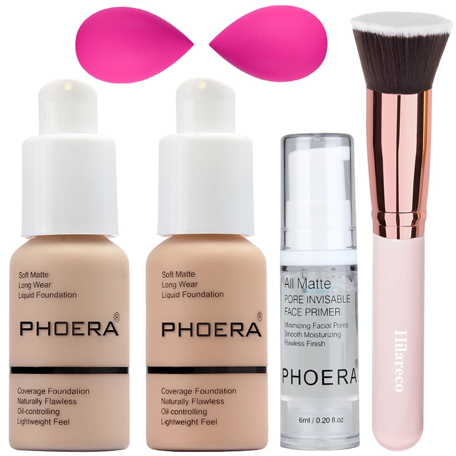 PHOERA Foundation,PHOERA Makeup for Women,PHOERA Matte Liquide Foundation Full Coverage,PHOERA Primer,PHOERA Concealer,Kabuki Makeup Brushes (102+103/Nude+Warm peach)
