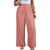 Eytino Womens Plus Size Wide Leg Pants Elastic High Waist Striped Casual Palazzo Pants Lounge Trouser with Pockets (1X-5X)