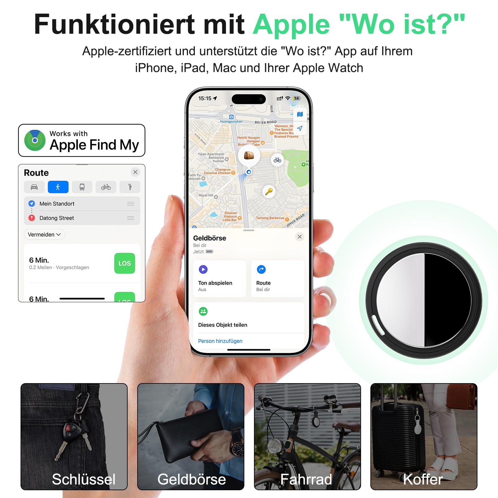 [Apple MFi-Zertifiziert] Air Tracker Tag kompatibel mit Apple Wo ist? (nur iOS) Inklusive Ersatzbatterie, Smart Tracker Tagg Finder für Schlüssel, Fahrrad, Wallet, Koffer, Reisepässe (Schwarz, 4-Pack) 2