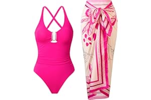 BAWHAHT One Piece Swimsuit Women with Cover Up Set Retro Bathing Suit for Women Tummy Control Beach Wrap Skirt