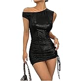 Milumia Women's Off Shoulder Pu Leather Mini Dress Sexy Drawstring Ruched Party Club Short Dresses