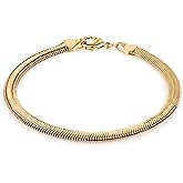 Barzel 18K Gold Plated 7mm Flat Snake Dome Herringbone Chain Link Bracelet, 7.5 Inches - Made in Brazil