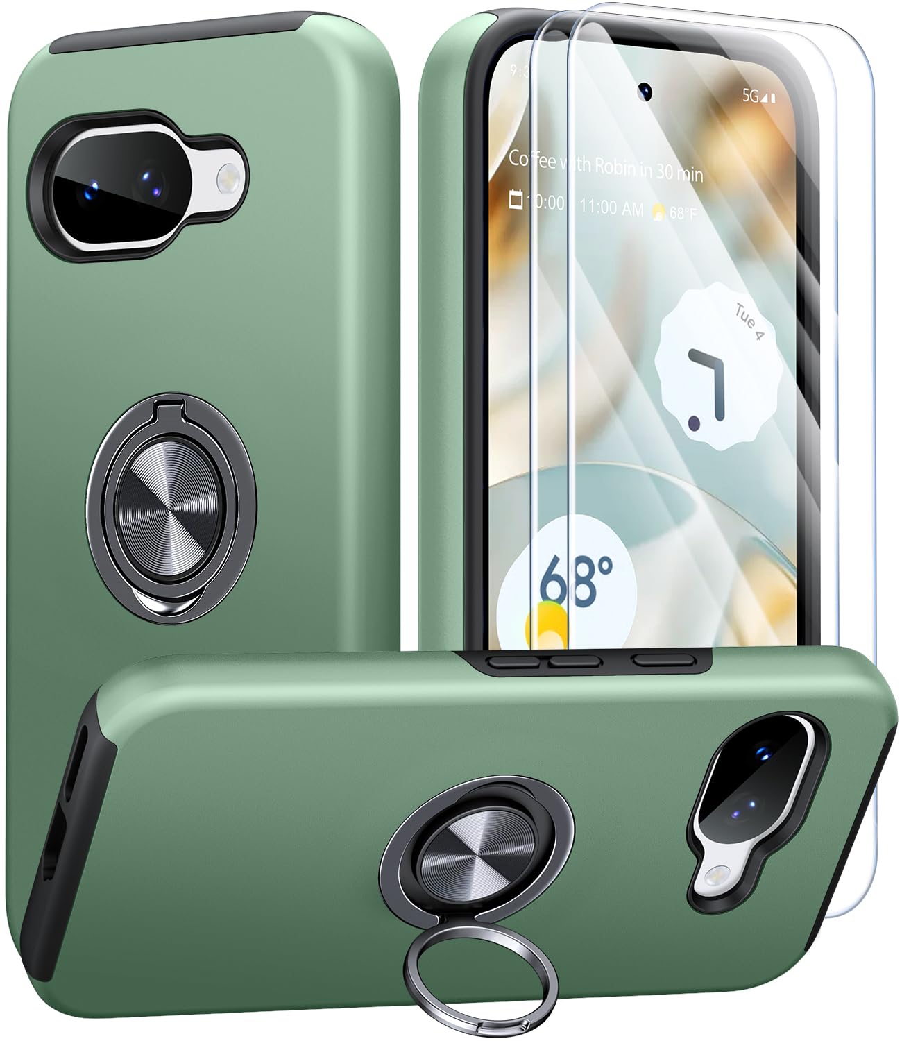 AOUIA Handyhülle für Google Pixel 10a Hülle mit 2 Stück Schutzfolie, Militärischer Schutz Stoßfest Pixel 10a Hülle mit 360° Drehbarem Ring Kickstand, Alpengrün