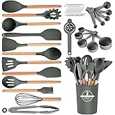 Gaixvny Kitchen Utensils Set - 34 PCS Non-Stick Silicone Cooking Utensils Set Spatula Set with Holder, Wooden Handle Spoon,Brush,Whisk Kitchen Gadgets Tools Set for Nonstick Cookware (Gray-34P)