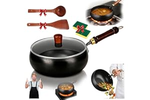 Japanese Cast Iron Wok with Wooden Lid & Spatula, 11 Inch Hand-Hammered Uncoated Iron Pot, Pure Hand-Forged Durability, Ideal