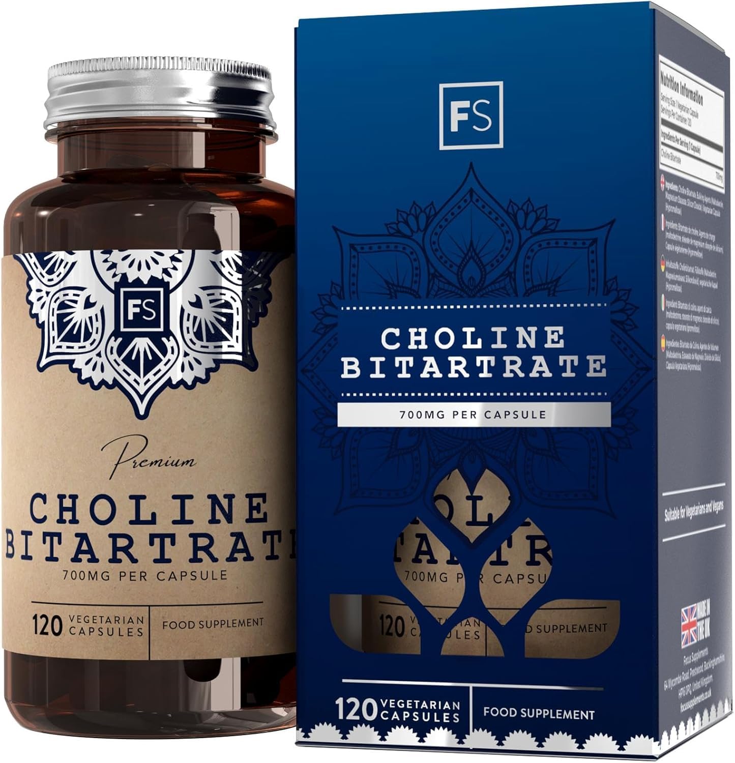 FS Choline Bitartrate | 120 Choline Capsules - High Strength 700mg Coline Bitartrate per Serving | Nootropics Supplement | Non-GMO, Gluten & Allergen Free | Manufactured in the UK
