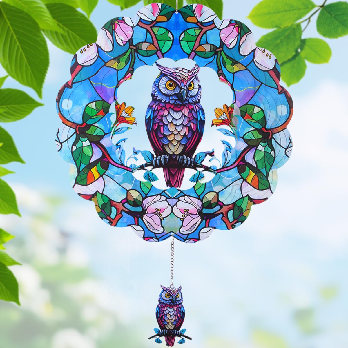 FAICACC Wind Spinners Outdoor, Owl Metal 3D Hanging Garden Decor, 12-inch Stainless Steel Wind Spinner with Tail Spinner, Wind Sculptures for Indoor Patio Lawn Yard, Ornament Gift for Women/Men