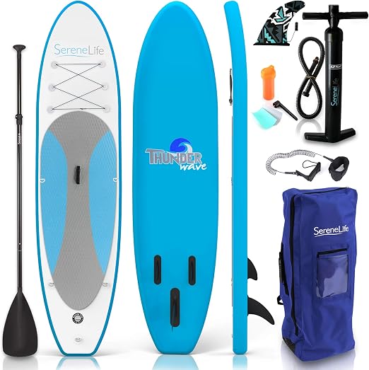 SereneLife Inflatable Stand Up Paddle Board (6 Inches Thick) with Premium SUP Accessories & Carry Bag | Wide Stance, Bottom Fin for Paddling, Surf Control, Non-Slip Deck | Youth & Adult Standi...