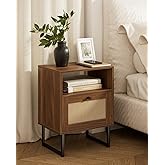 Masupu Rattan Nightstand,Modern Boho Farmhouse Wood Bedside Table with Storage Drawer and Open Shelf,Small Black Frame Side End Table for Bedroom,Living Room,Office (Walnut)