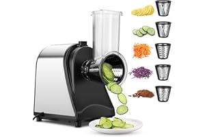 NICTEMAW Electric Cheese Grater, 250W Multifunctional Vegetable Cutter for Home Use, 5 Stainless Steel Rotary Blades and One-Touch Control, Electric Salad Maker Cheese Shredder for Cheeses, Fruit, Veggies