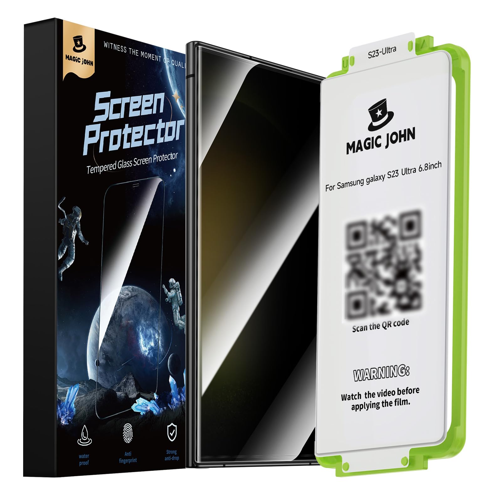 MAGIC JOHN 2 Pack for Samsung Galaxy S23 Ultra Privacy Screen Protector [Ceramic Film Material Not Glass] 6.8 inch,[100% Fingerprint ID Compatible] Easy Installation Tray, Shock-Resistant, 3D Curved,