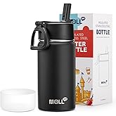Mollcity Water Bottle with Straw-12 oz Stainless Steel Double Wall Vacuum Insulated Sports Water Bottles for School, Leak-Proof Travel Water Flask for Boy (Black)
